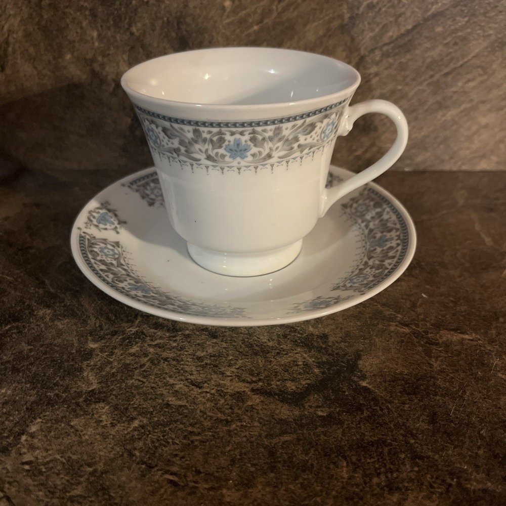 Vintage Individual Porcelain Tea Cup and Saucer with Blue Floral Lace Edge